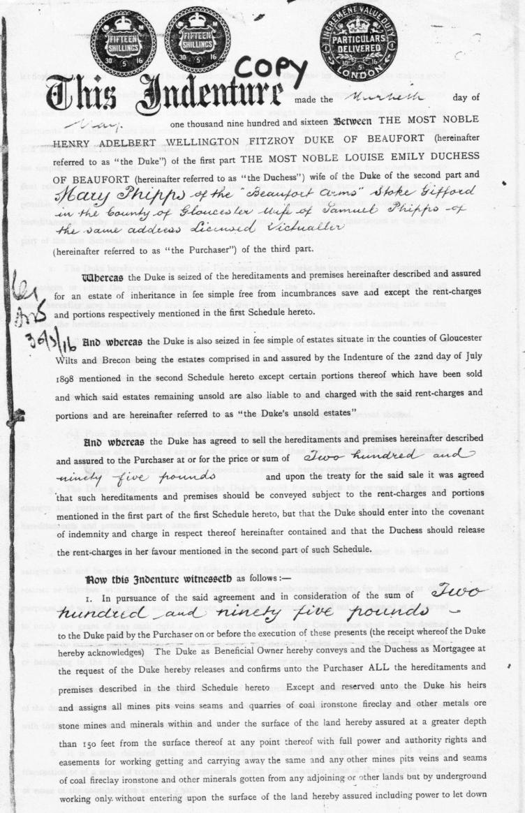 Sale deed for the  Beaufort Arms 1916