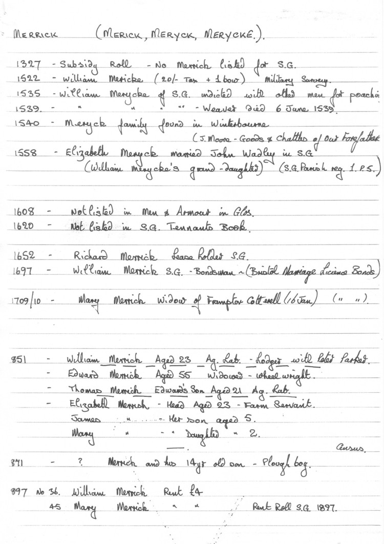 Genealogy notes Merrick Family 