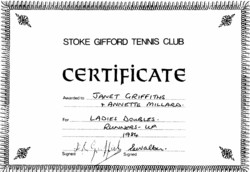 Stoke Gifford tennis club certificate