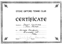 Stoke Gifford tennis club certificate