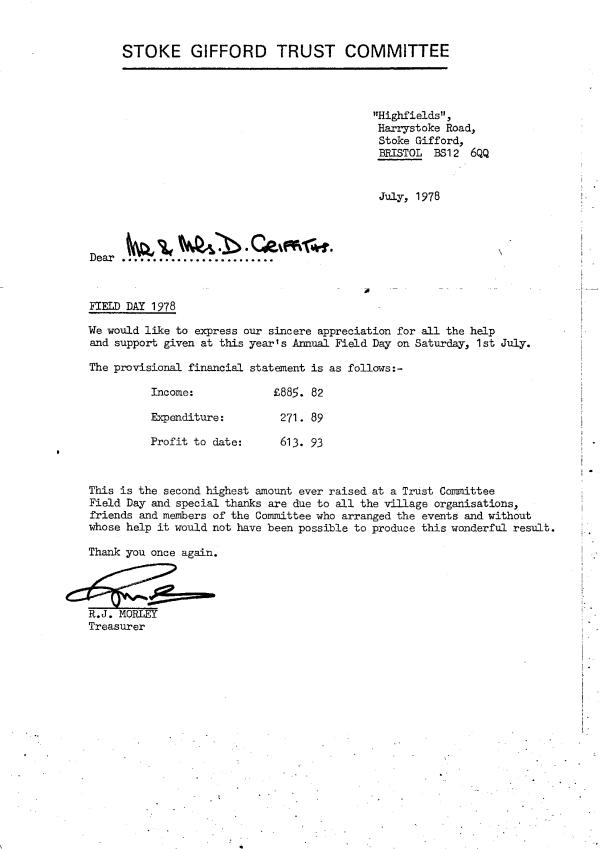 photo of letter from trust committee about field day 1977